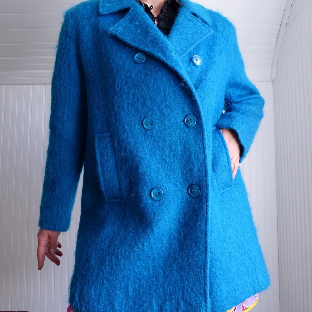 Vintage 80s/90s Dumas turquoise blue mohair double breasted overcoat